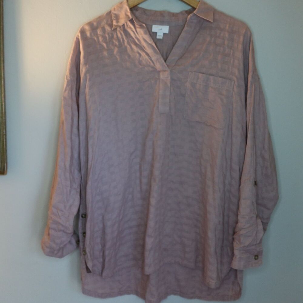 J.Jill Tunic Top Womens L Pink Check V-Neck Long Sleeve Side Slit 90s Boho
